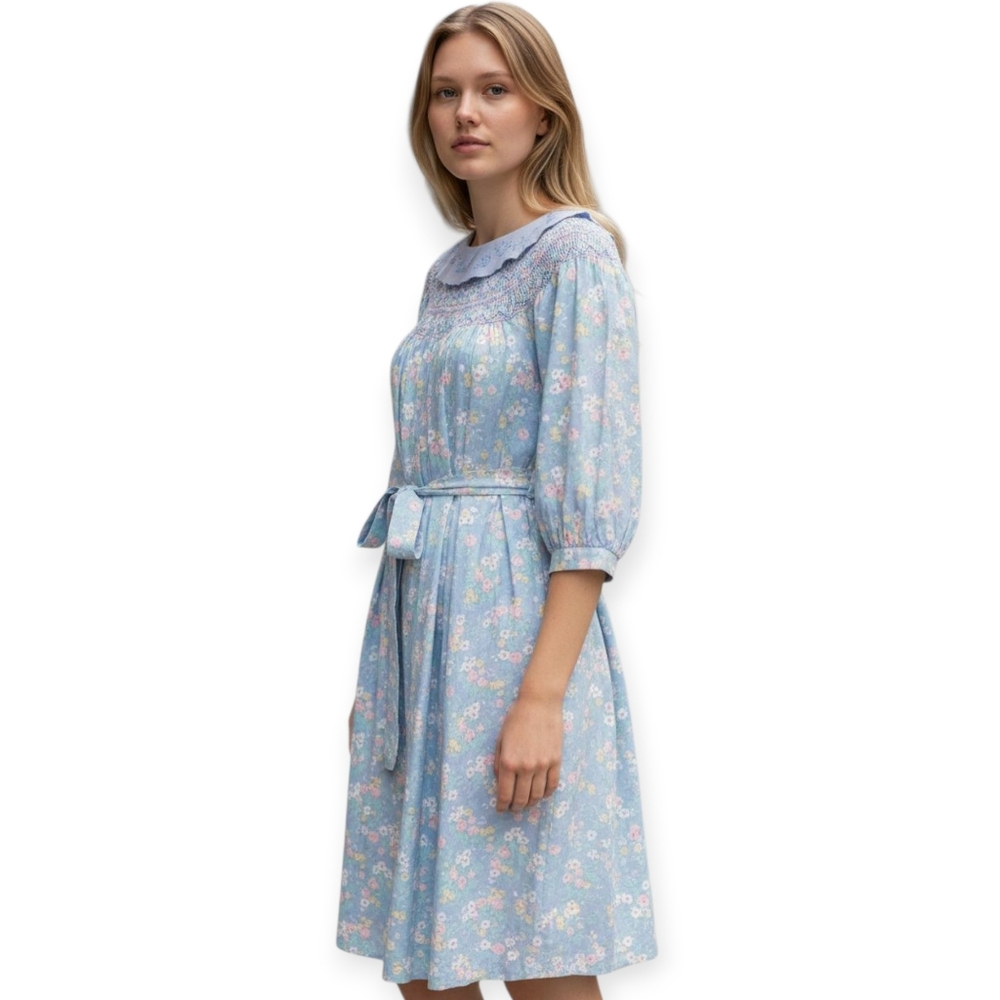Vintage Komil Floral Cotton Minidress Cottagecore Smocked Blue small